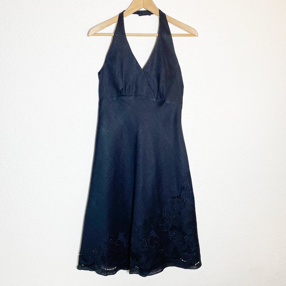 Ann Taylor Black Linen Lined Halter Dress with Floral Embroidery Size 10